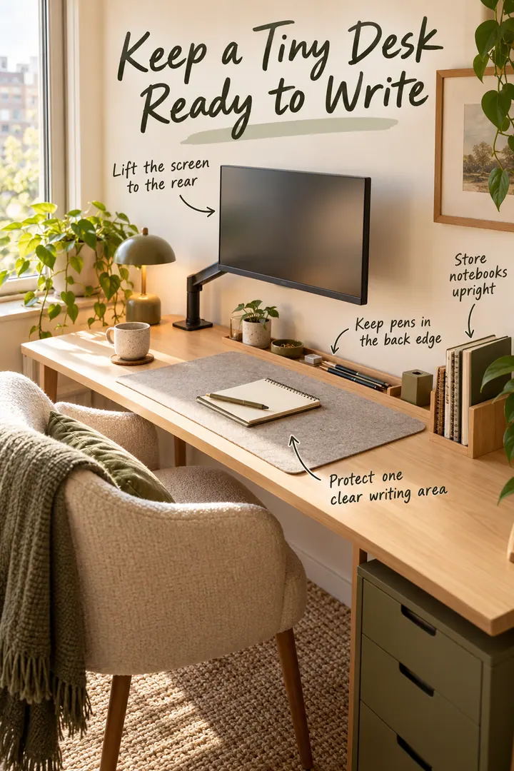 Shallow oak desk with rear-mounted monitor, clear writing mat, upright notebooks, and a narrow pen trough.