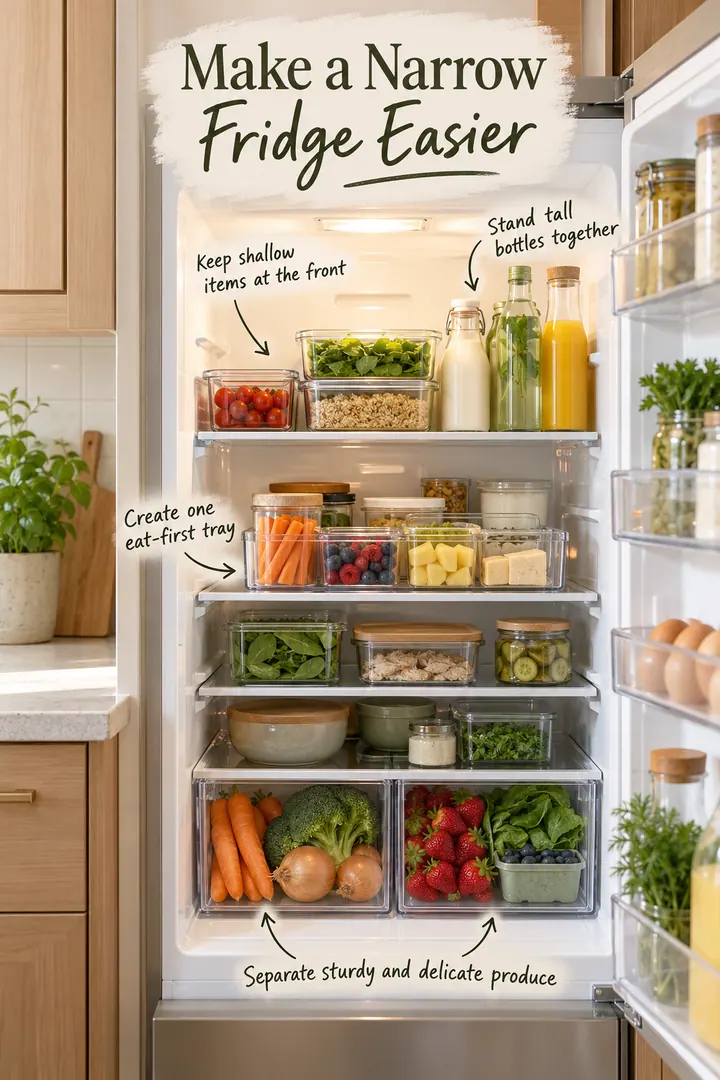 Open narrow refrigerator with shallow foods in front, grouped bottles, an eye-level tray, and divided produce bins.