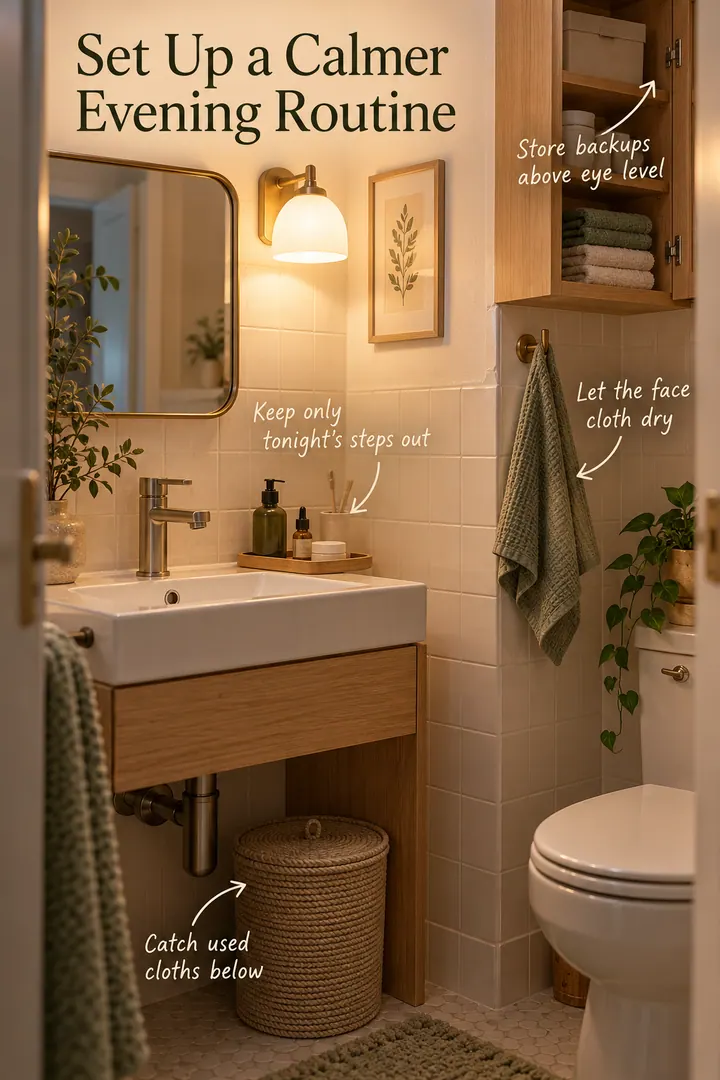Tiny bathroom set for an evening routine with a small tray, drying face cloth, upper backup cabinet, and lidded cloth bin.