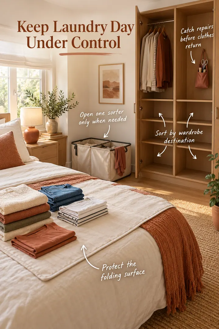 Compact bedroom with collapsible laundry sorter, protected bed folding area, open wardrobe sections, and repair pouch.