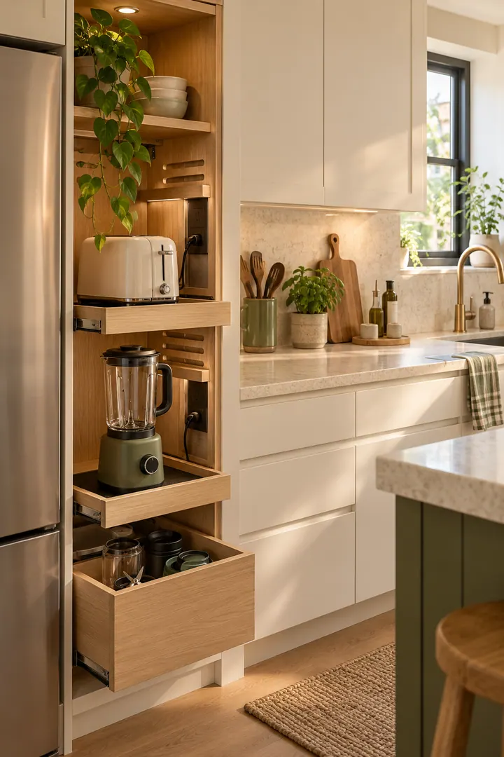 Narrow kitchen appliance tower with toaster and blender on separate ventilated pullout shelves.