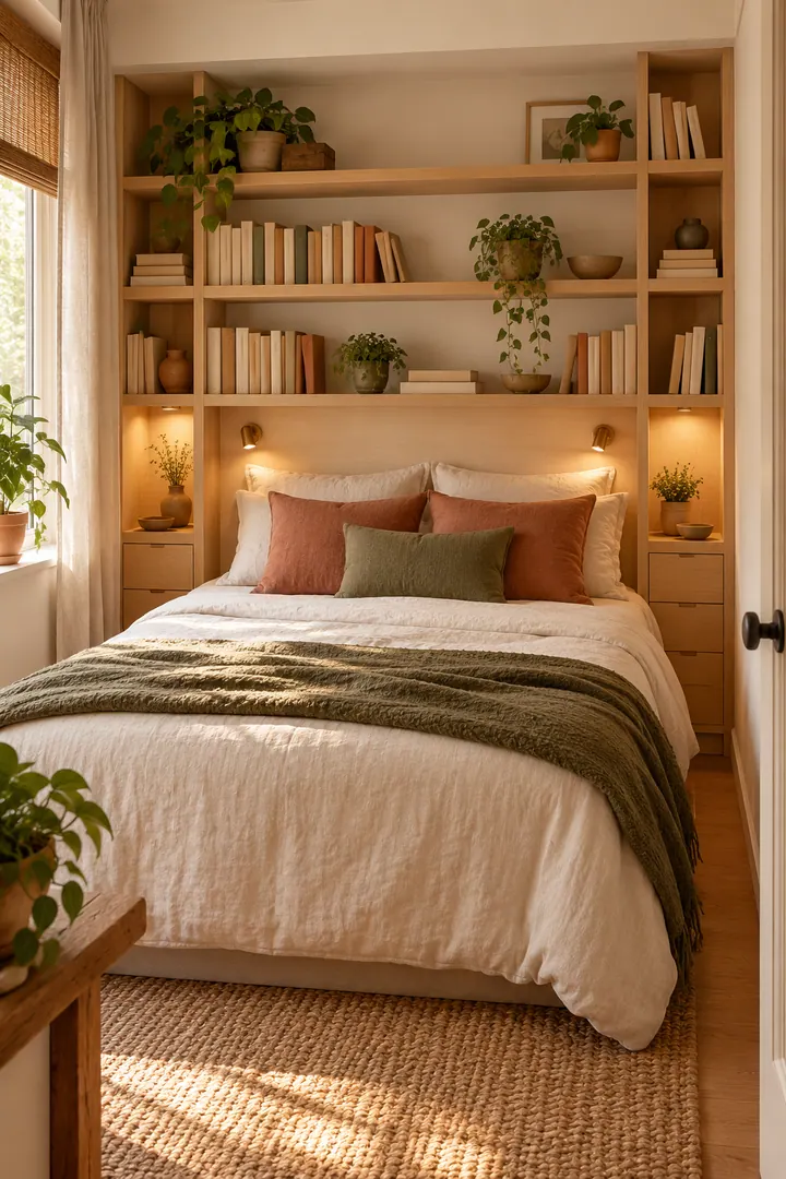 Compact bedroom with a shallow light-oak library wall, recessed bedside niches, and integrated reading lights.