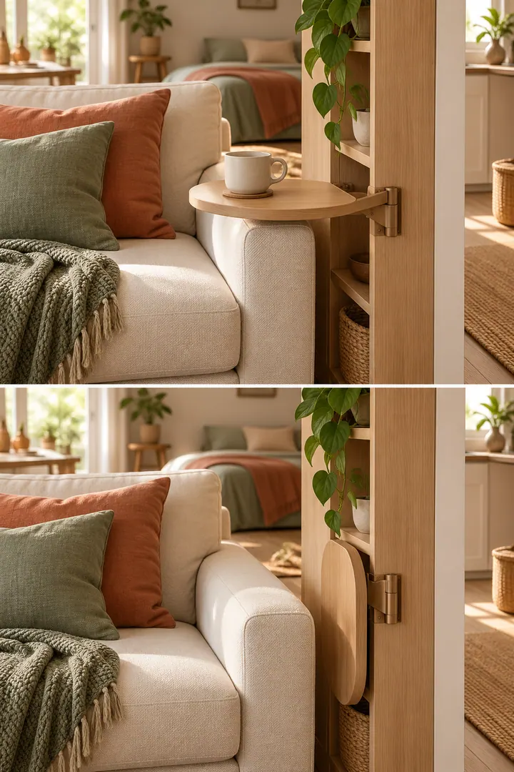 Compact studio sofa beside a shallow storage column with a rounded wooden shelf pivoted over the sofa arm.