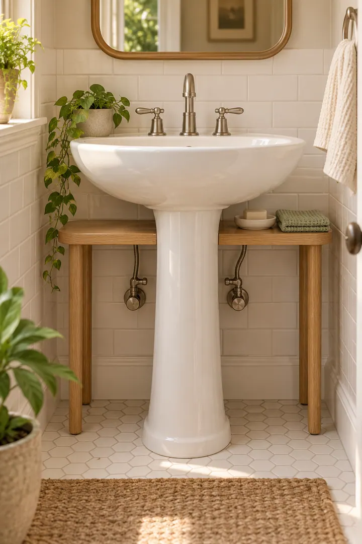 Tiny bathroom with a pedestal sink surrounded by a slim removable light-oak bridge shelf.
