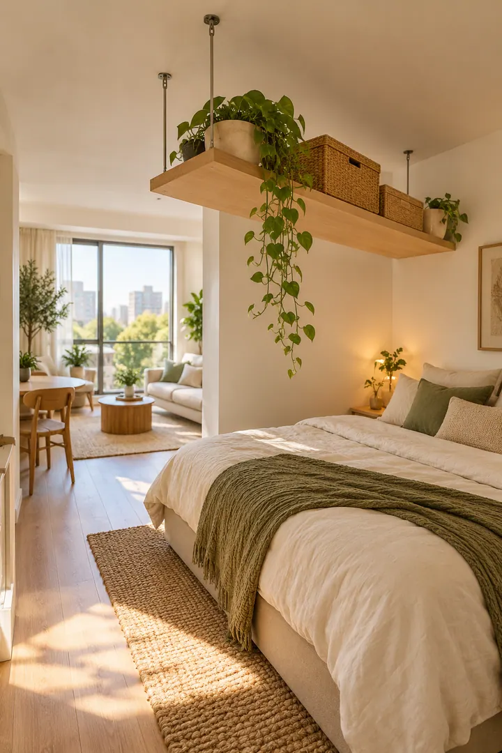 Compact studio bed nook defined by one shallow ceiling-suspended shelf holding lightweight baskets and a plant.