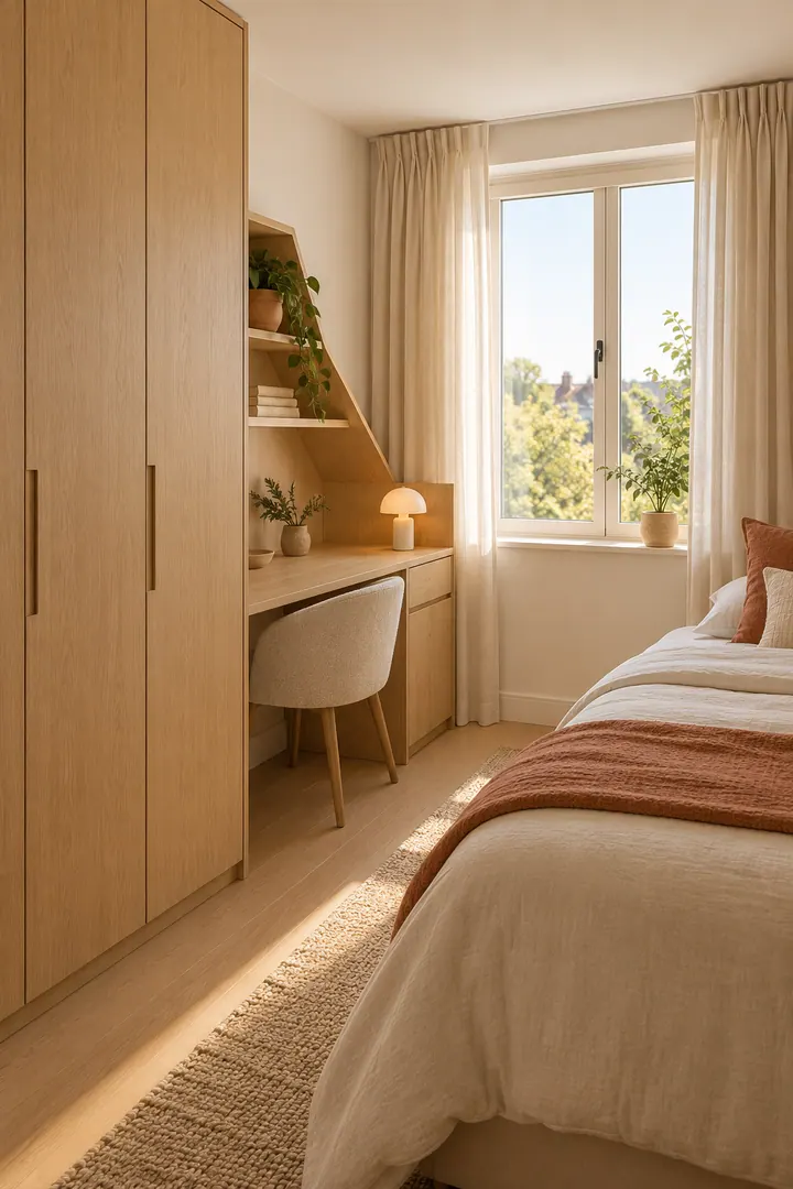 Small bedroom with a full-depth wardrobe tapering into a shallow light-oak desk beside the window.