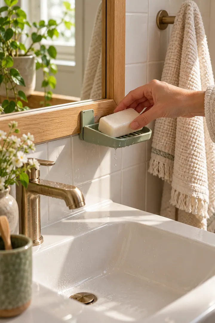 Close-up of a hand placing soap on a removable draining dish mounted beneath a bathroom mirror edge.