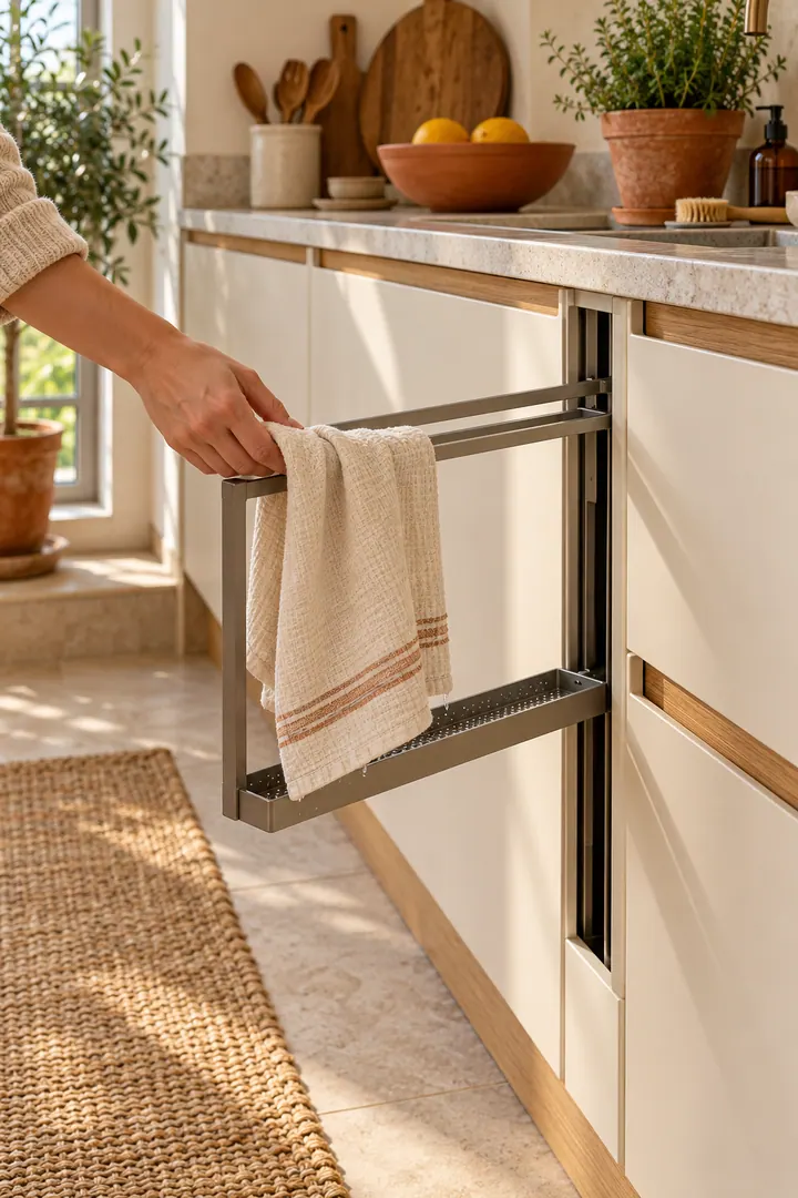 Close-up of a hand extending a narrow cabinet-side drying frame and hanging one cream dish towel.