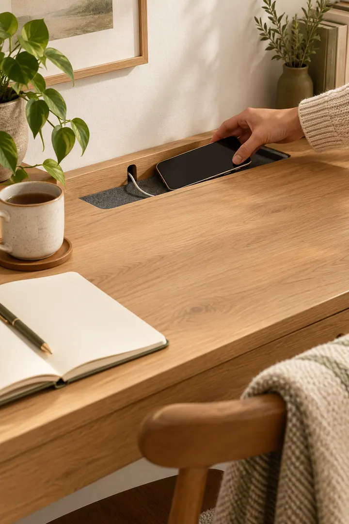 Close-up of a hand placing a phone in a felt-lined desk recess beside a rounded cable pass-through.