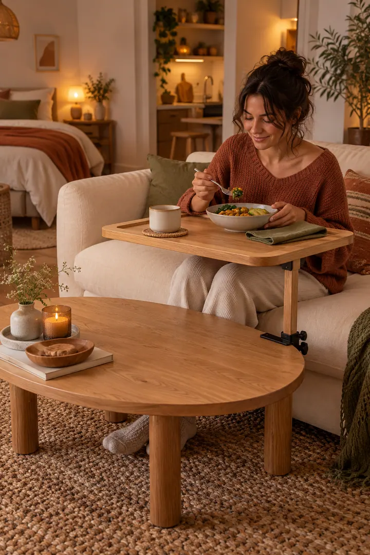Person dining from a removable raised wooden tray locked onto one side of a low oval coffee table.