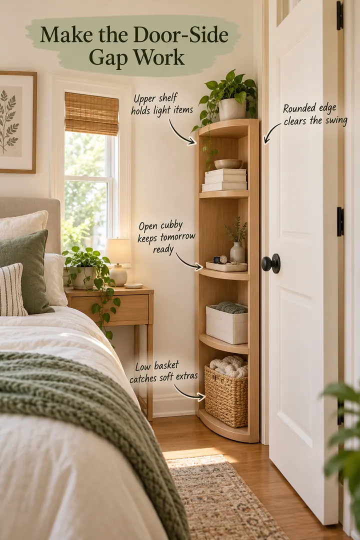 Annotated compact bedroom with a rounded shallow storage tower beside an open door, including shelves, a ready-outfit cubby, and a low basket.