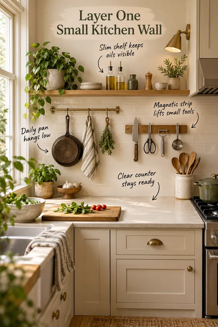 Annotated narrow kitchen with a layered backsplash system featuring a pan rail, slim oil shelf, magnetic tool strip, and clear prep counter.