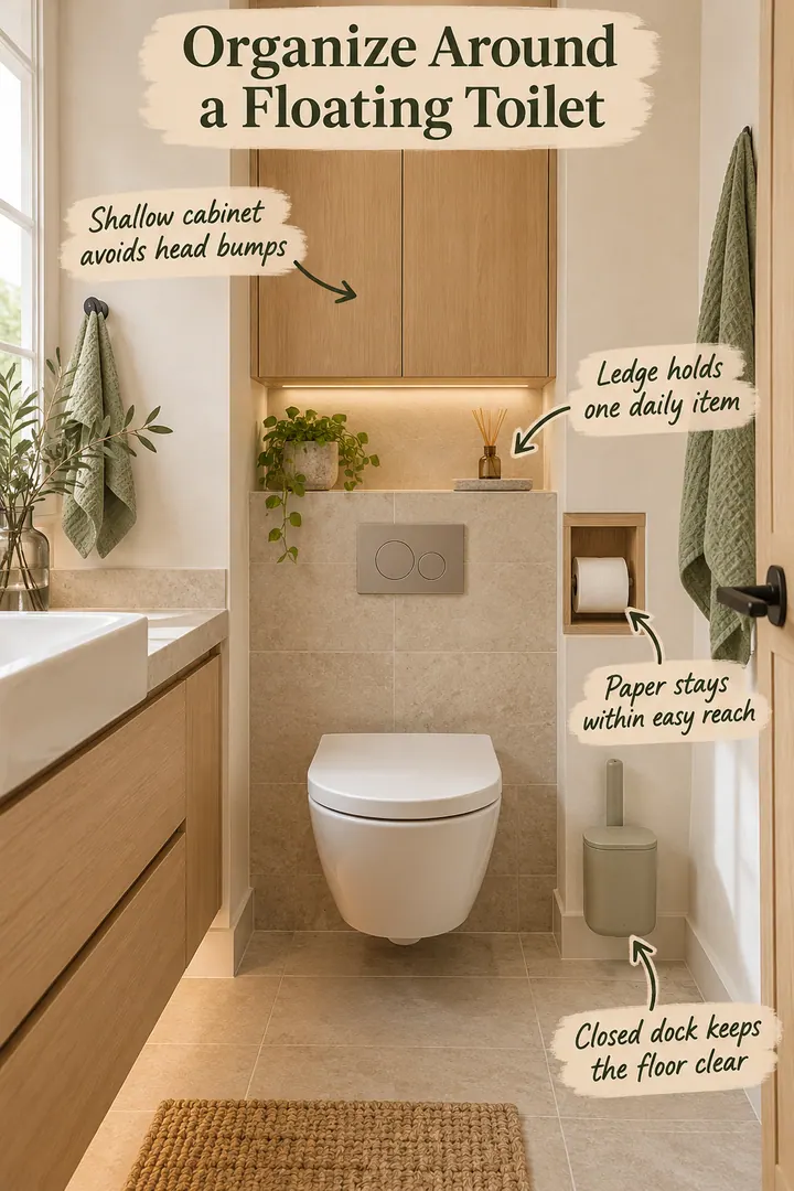Annotated tiny bathroom with a wall-hung toilet, shallow overhead cabinet, narrow ledge, paper cubby, and enclosed cleaning dock.