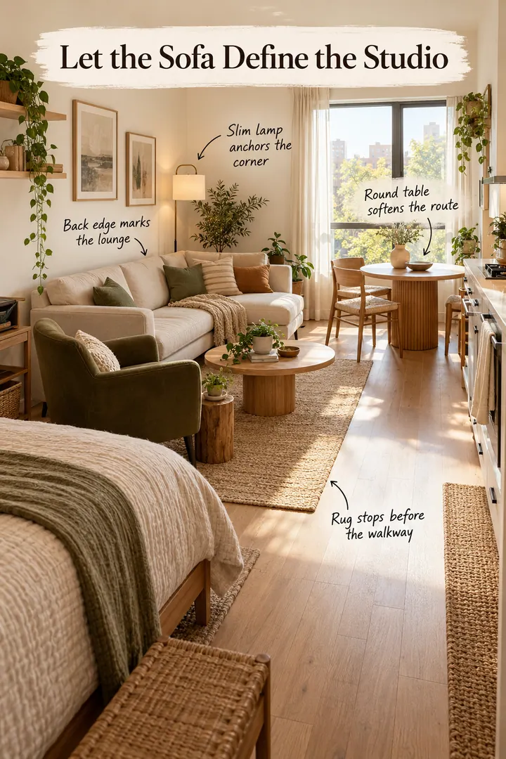 Annotated compact studio where a cream corner sofa defines the lounge beside a round dining table and an open walking route.