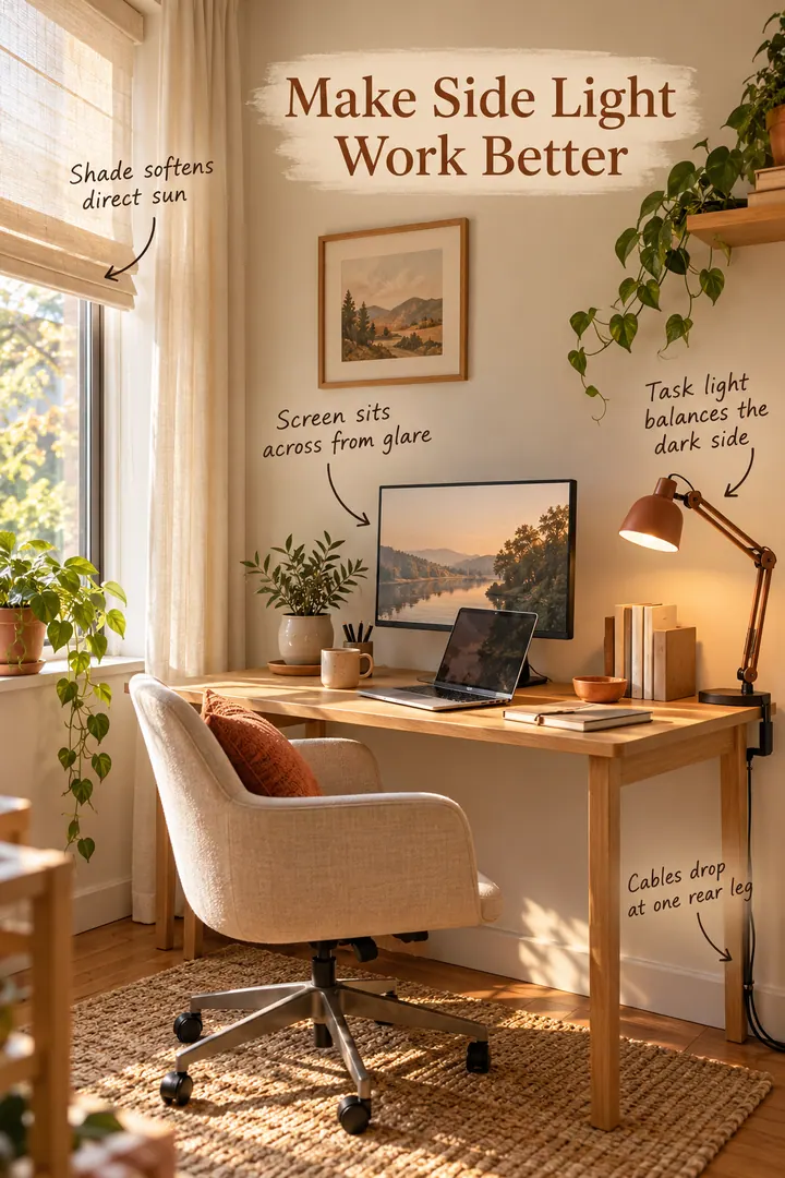 Annotated compact window-side desk with a perpendicular monitor, adjustable shade, clamp task light, and one organized rear cable route.