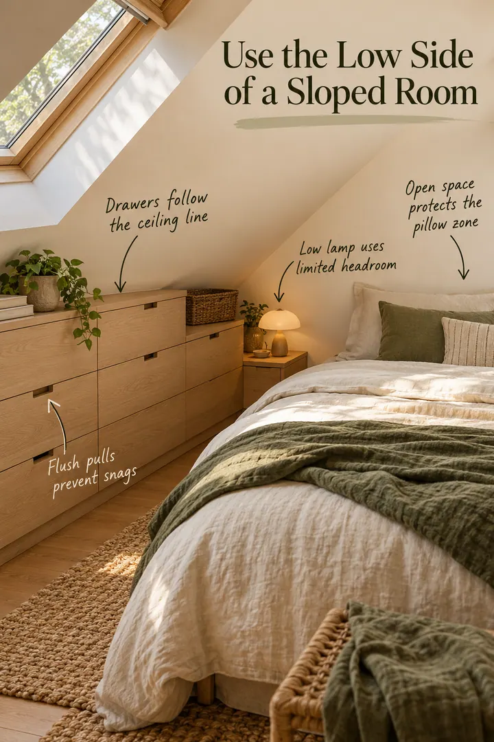 Annotated attic bedroom with graduated low drawers beneath a sloped ceiling, open space near the pillow, a low lamp, and flush pulls.