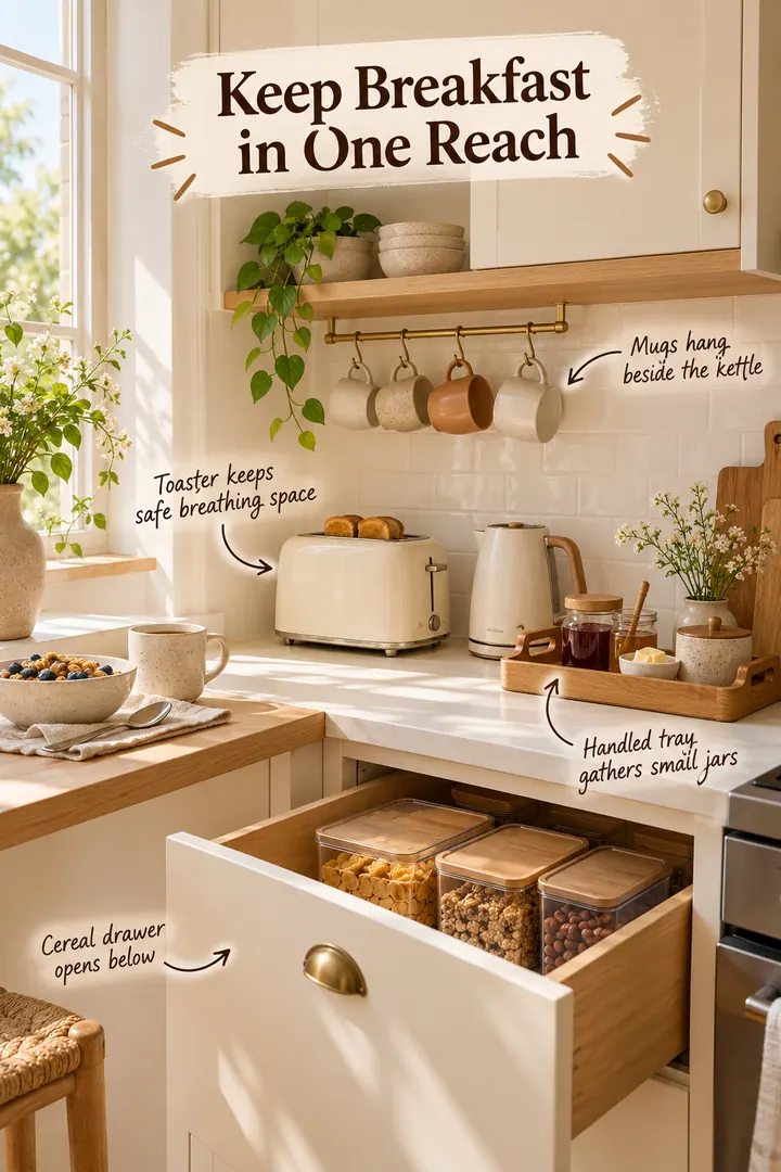 Annotated compact breakfast station with a cereal drawer, ventilated toaster area, mug rail, kettle, and handled tray for small jars.