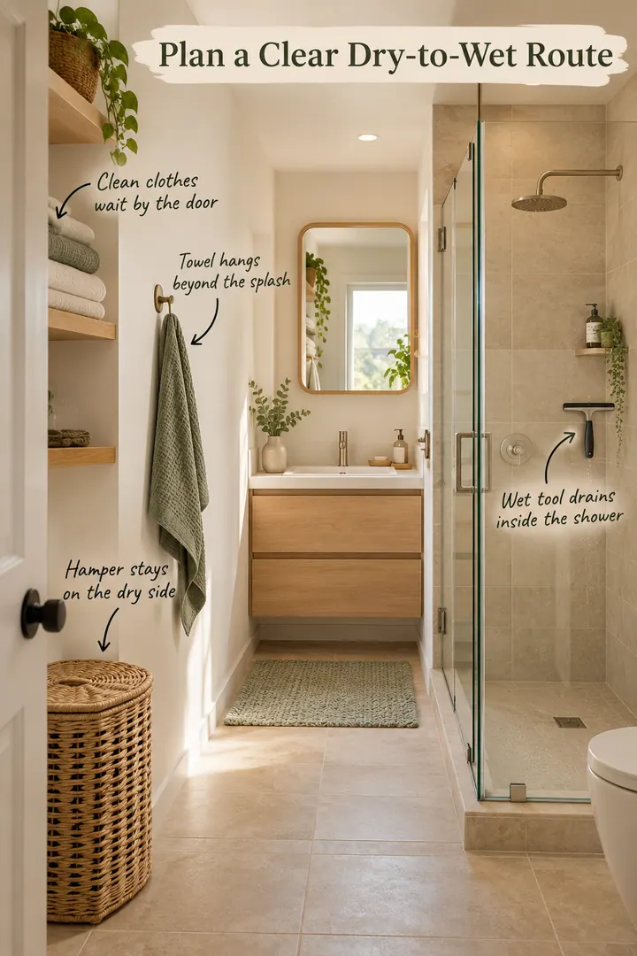 Annotated tiny bathroom showing a dry-to-wet route with clean clothes near the door, an outer towel hook, dry-side hamper, and shower tool dock.