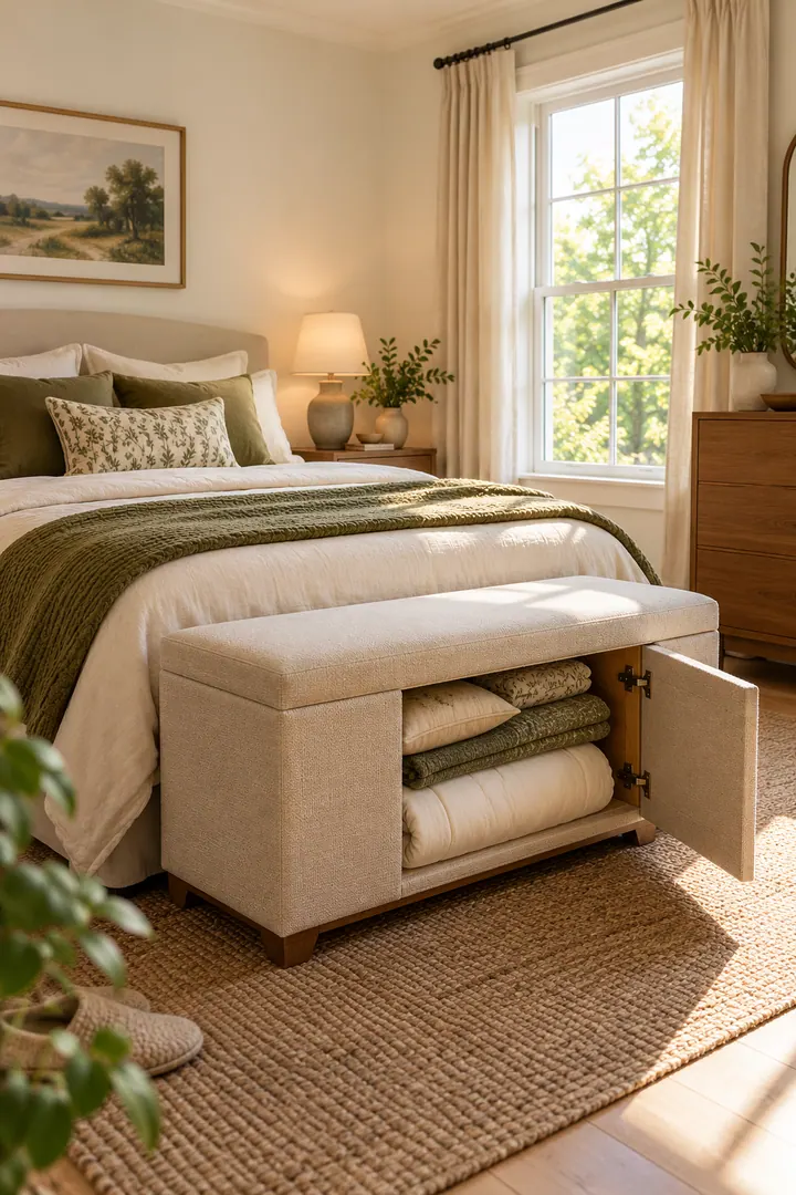Compact bedroom with a narrow upholstered bench at the foot of the bed and a side-opening compartment holding folded bedding.