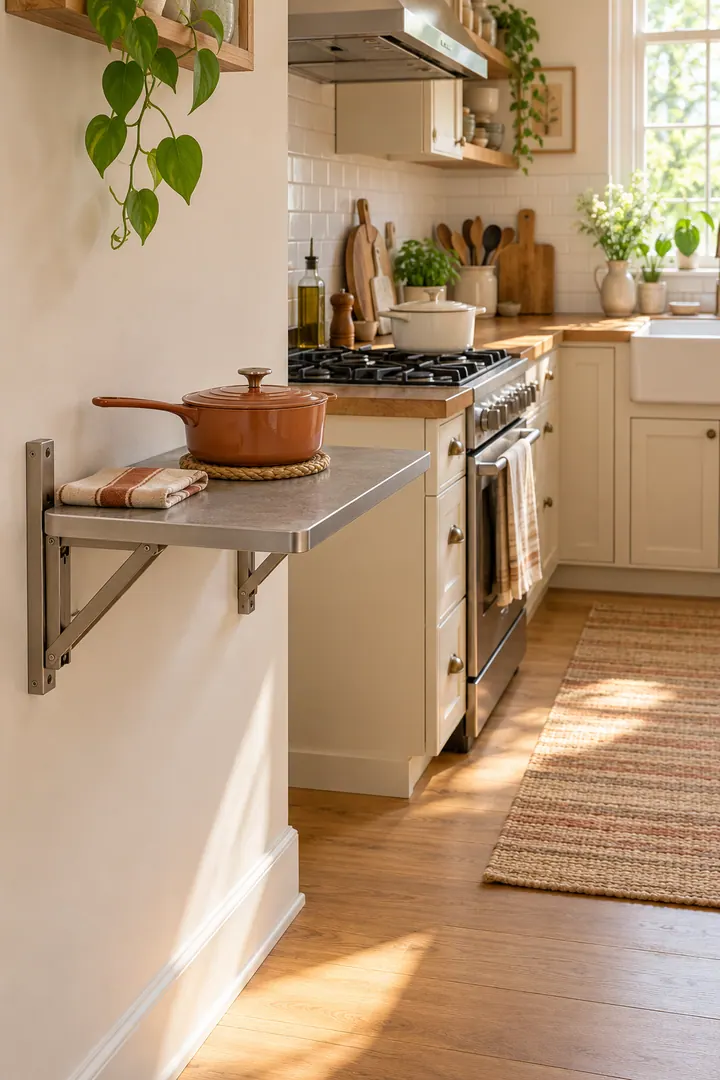Compact cream kitchen with a heat-safe fold-down shelf beside the stove holding a saucepan on a trivet.