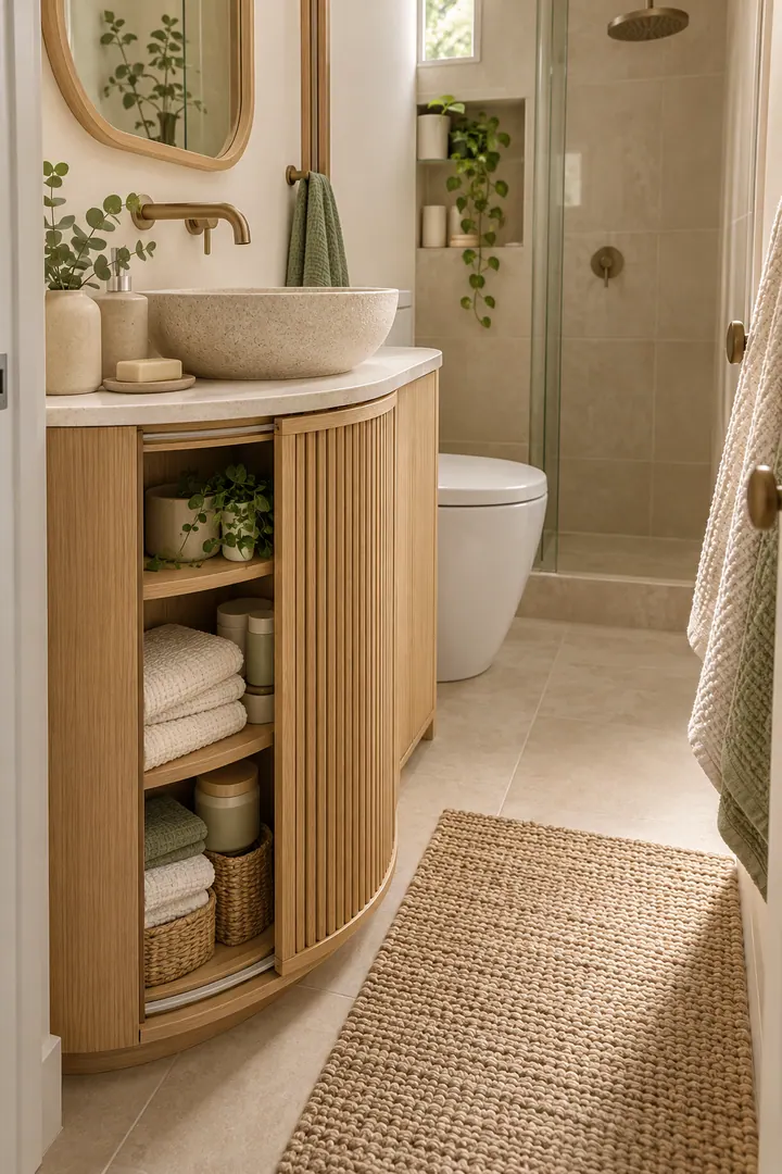 Tiny bathroom with a narrow curved-front oak cabinet beside the sink and a slatted sliding door opening around its side.