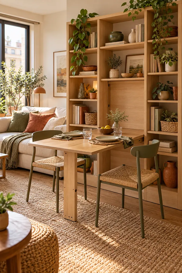 Compact studio with a two-person light-oak dining table pulled from the center of a living-room bookcase.
