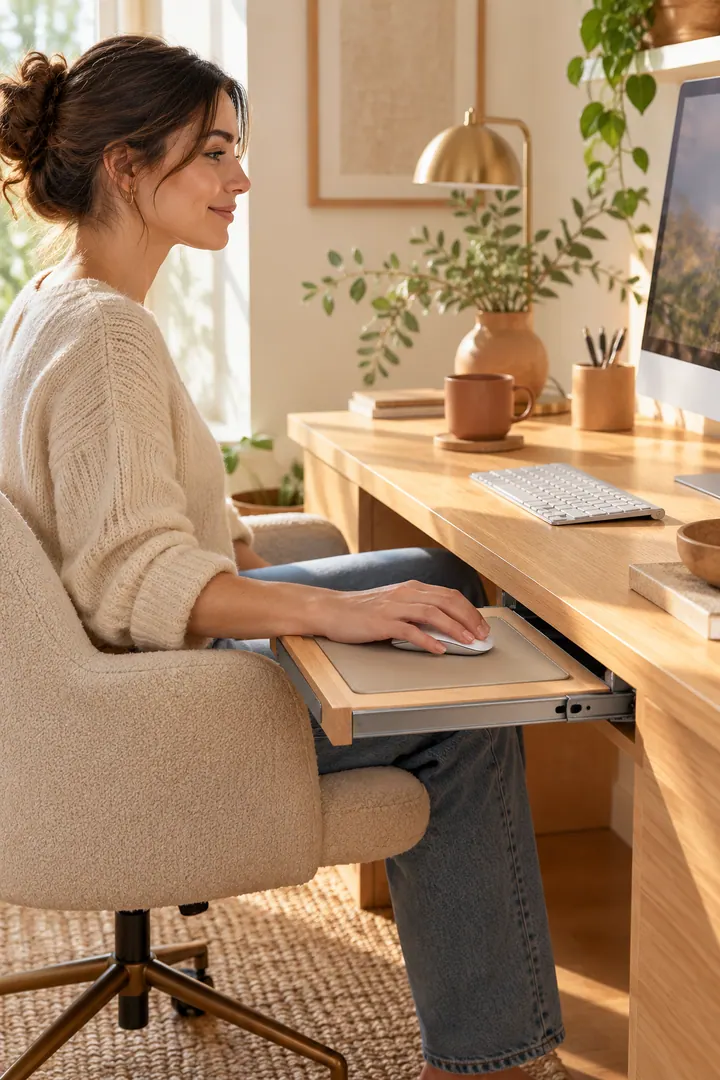 Shallow oak desk with a slim side tray pulled out beneath the worktop to support a computer mouse.