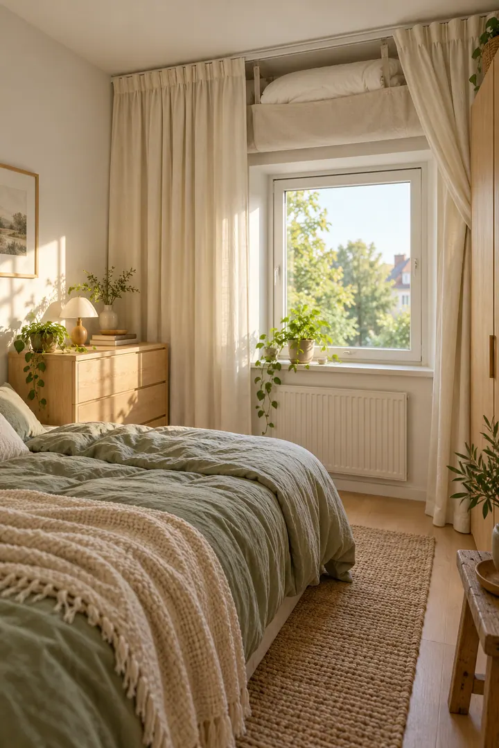 Compact bedroom with a high breathable fabric pocket behind the curtain header holding one folded spare duvet.