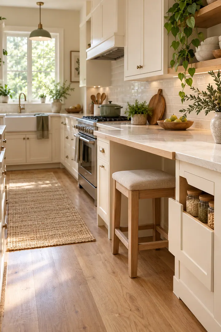 Compact kitchen with a backless counter stool tucked under an overhang and a shallow front compartment holding pantry jars.