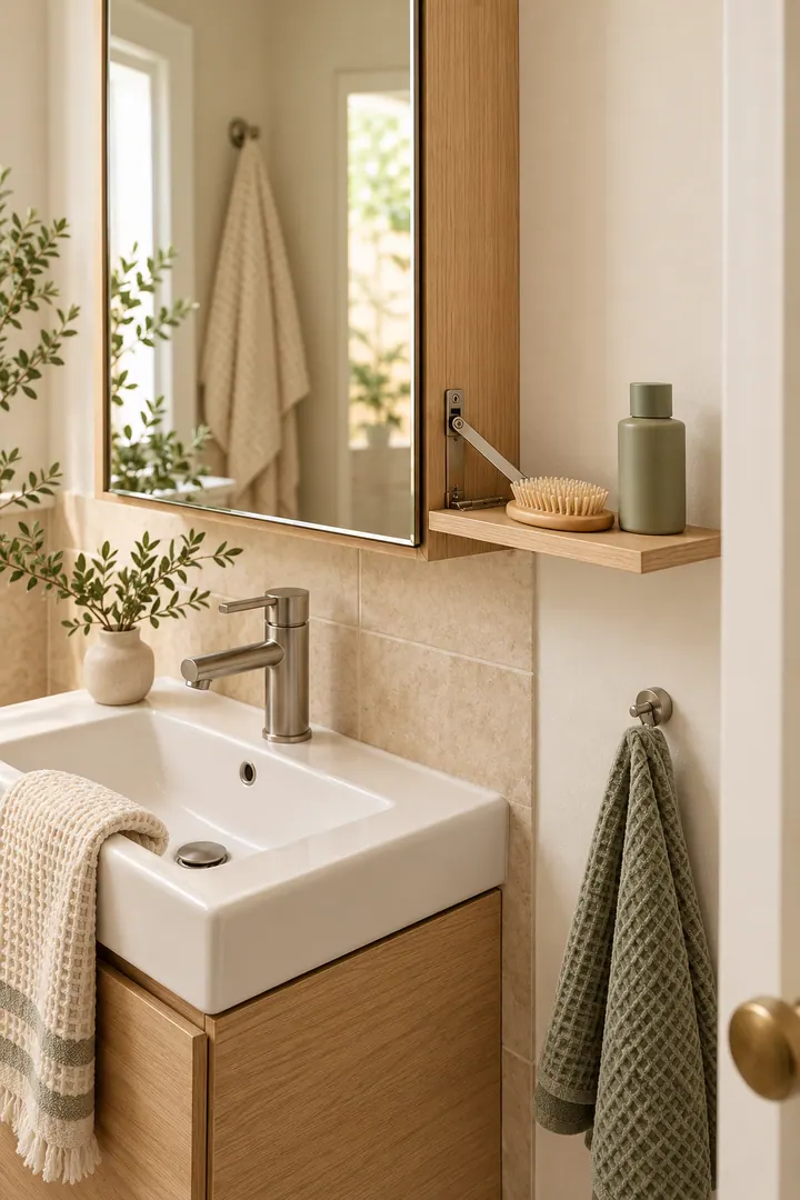 Tiny bathroom with a narrow waterproof shelf folded from the side of a mirrored cabinet beside the sink.