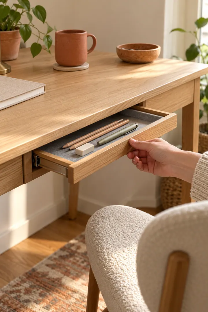 Close-up of a hand opening a slim felt-lined pencil tray hidden in the front edge of a compact oak desk.
