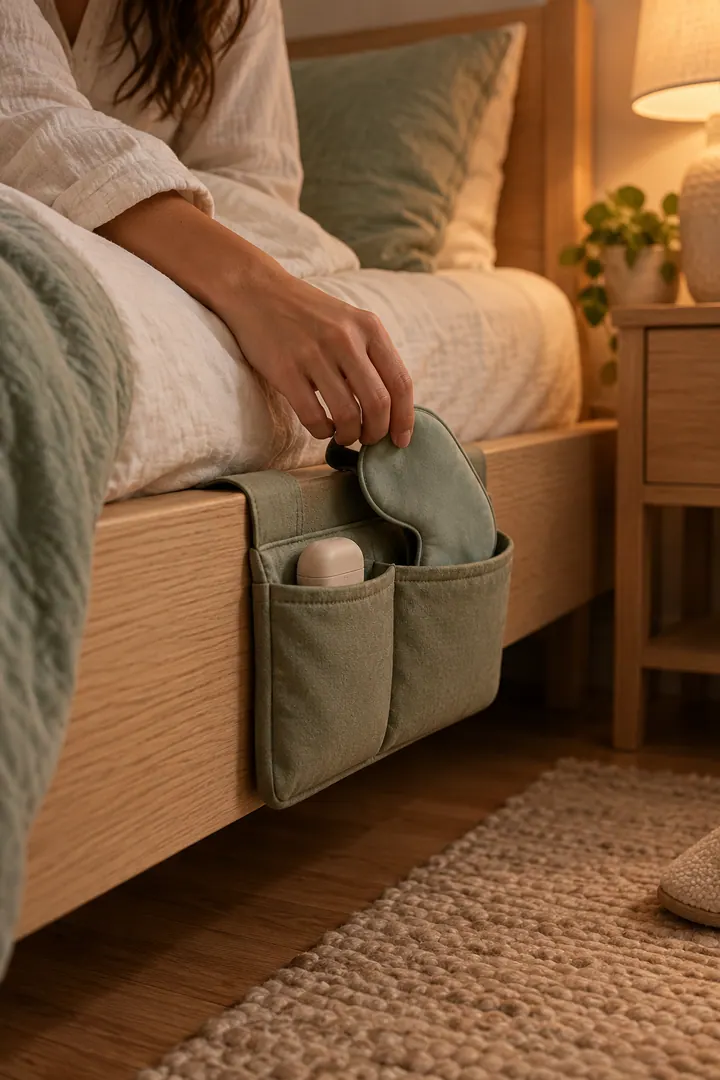 Close-up of a hand reaching for an eye mask stored with an earplug case in a soft pocket on the bed frame.