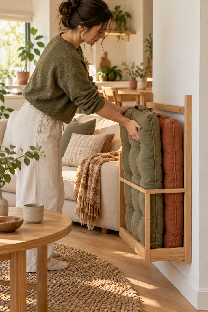 Close-up of hands sliding a folded floor cushion upright into a shallow wall rack in a compact studio.