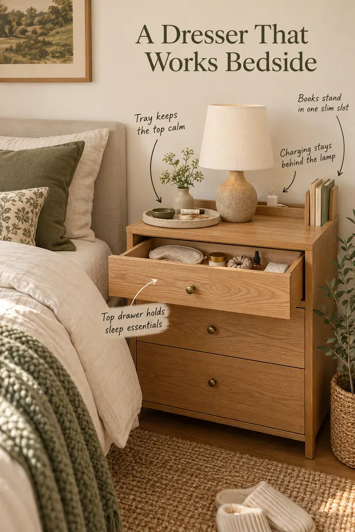 Annotated compact bedroom showing an oak dresser used as a bedside hub with a tray, book slot, hidden charging gap, and organized top drawer.