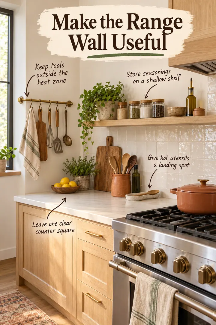 Annotated narrow kitchen with organized storage around a compact range, including a side rail, shallow shelf, spoon rest, and clear counter space.