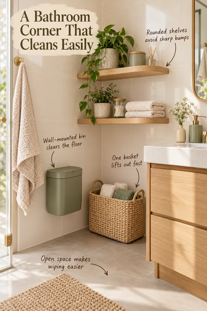 Annotated tiny bathroom corner with rounded wall shelves, a mounted waste bin, a handled basket, and clear floor space.