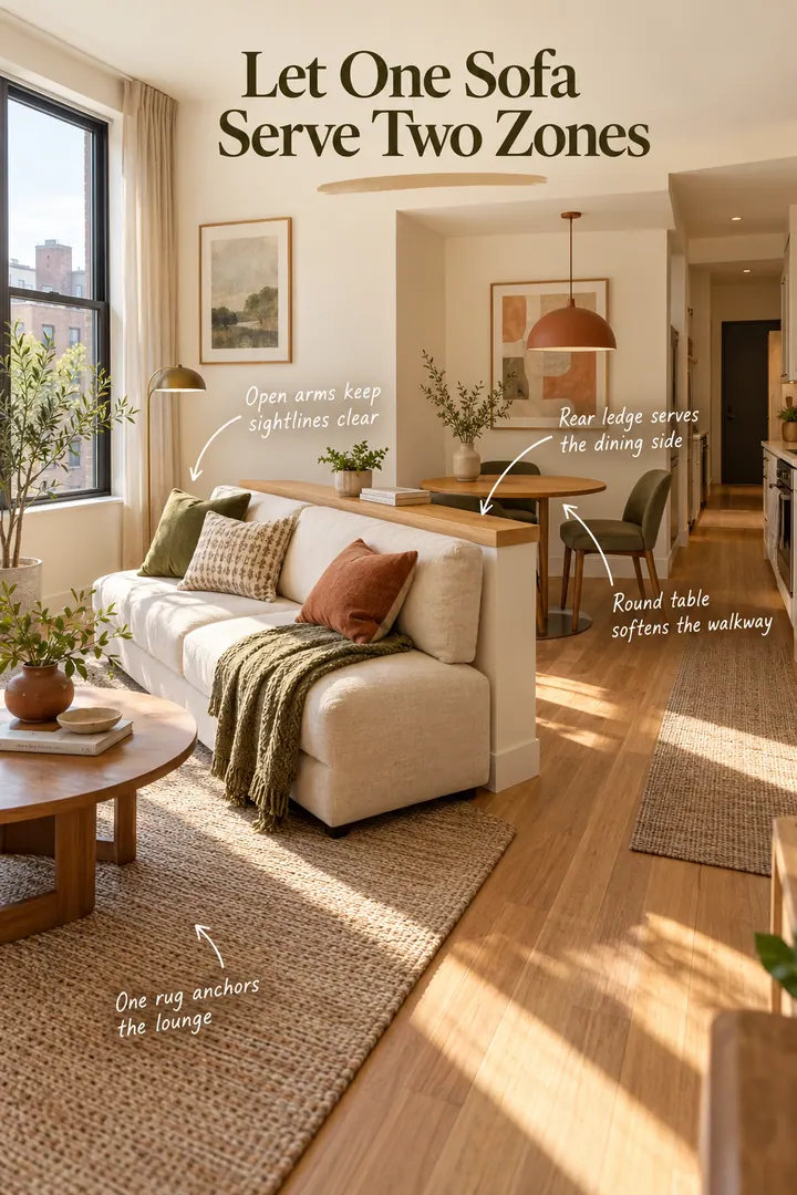Annotated studio layout with an armless sofa dividing lounge and dining areas, a rear ledge, round table, and clear walkway.