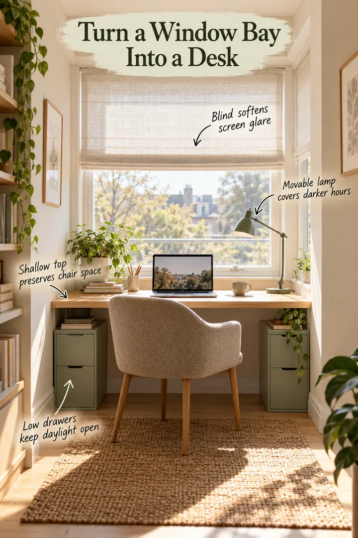 Annotated apartment window bay fitted with a shallow desk, low drawers, translucent blind, and movable task lamp.