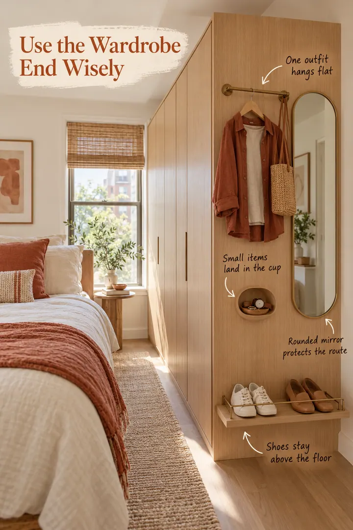 Annotated compact bedroom showing a wardrobe end panel with a flat outfit rail, accessory cup, shoe ledge, and rounded mirror.