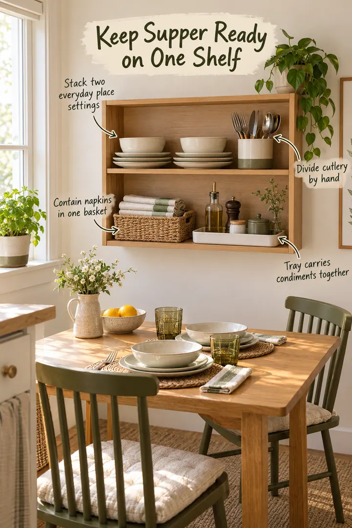 Annotated small kitchen dining corner with a shallow shelf holding two place settings, divided cutlery, napkins, and a condiment tray.