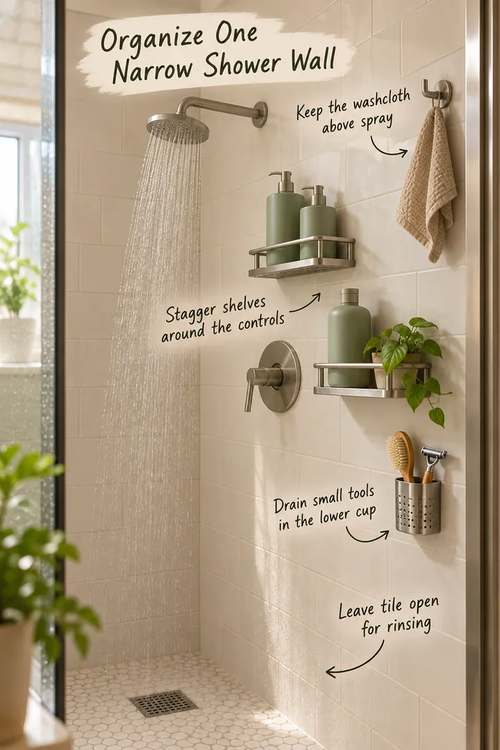 Annotated narrow shower wall with staggered shelves, a high washcloth hook, a draining tool cup, and open tile below.