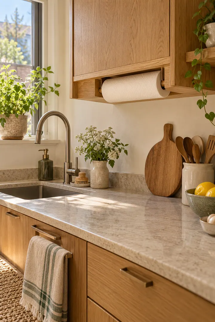 Compact warm kitchen with a paper-towel roll recessed beneath an oak wall cabinet beside the sink, leaving the counter clear.