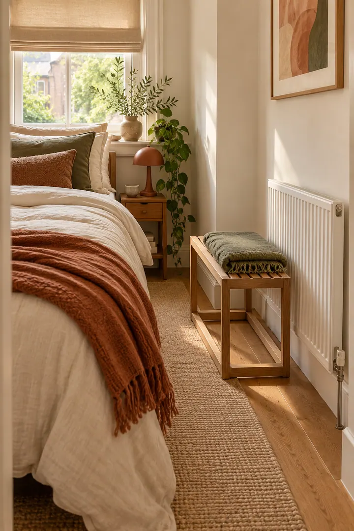 Small warm bedroom with a narrow open-frame oak perch placed safely beside a radiator with clear airflow around it.