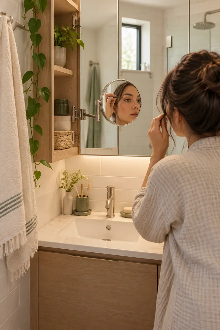 Tiny bathroom vanity with a round magnifying mirror extended from the side of a shallow mirrored cabinet.