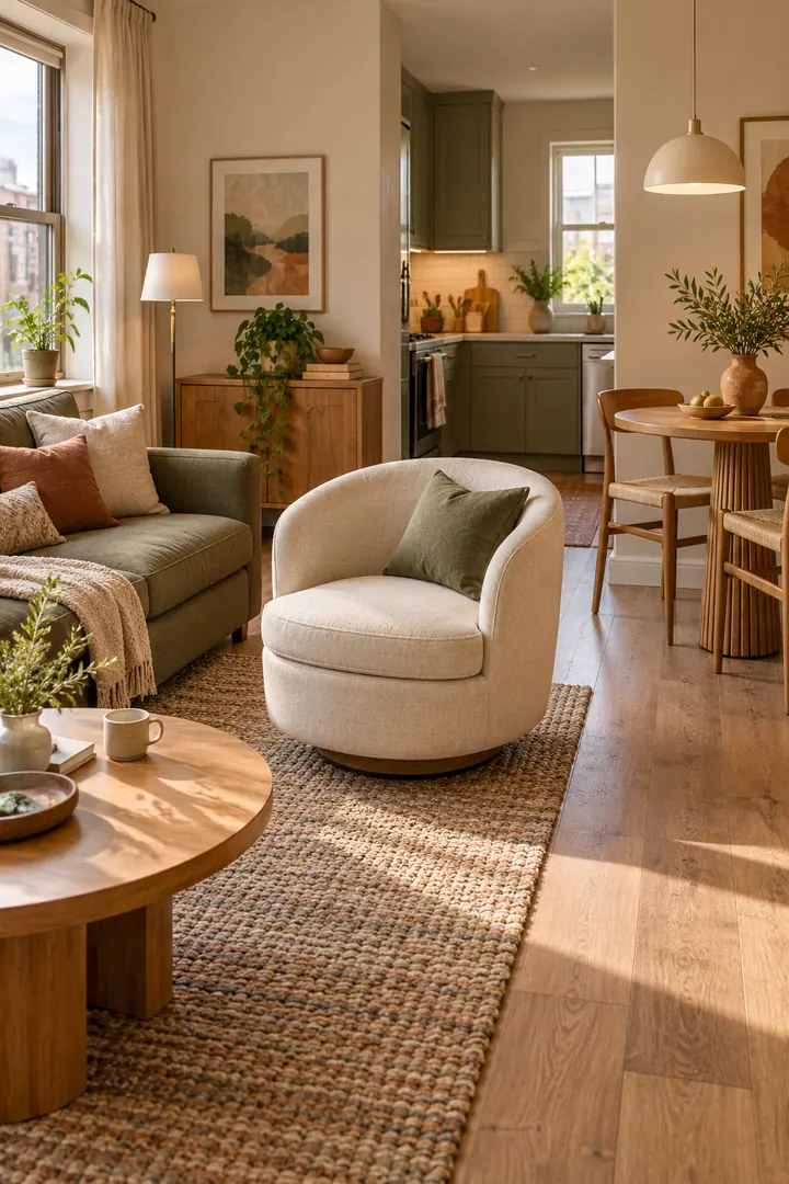 Compact studio with a low-backed swivel chair positioned between a small sofa area and a two-seat dining nook.