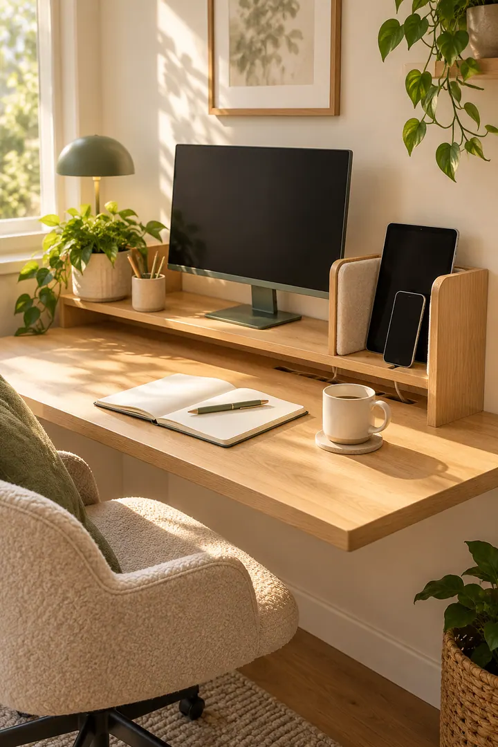 Compact desk with an oak monitor shelf containing an upright phone and tablet charging bay with hidden rear cables.