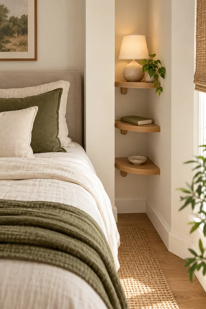 Small bedroom with three rounded crescent shelves fitted into the recess beside a structural column and bed.