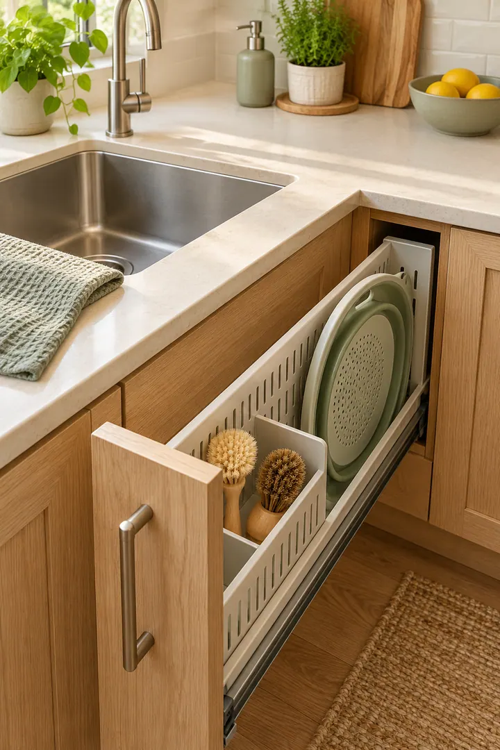 Open narrow kitchen drawer beside a sink with a collapsible colander stored upright in a ventilated pocket.