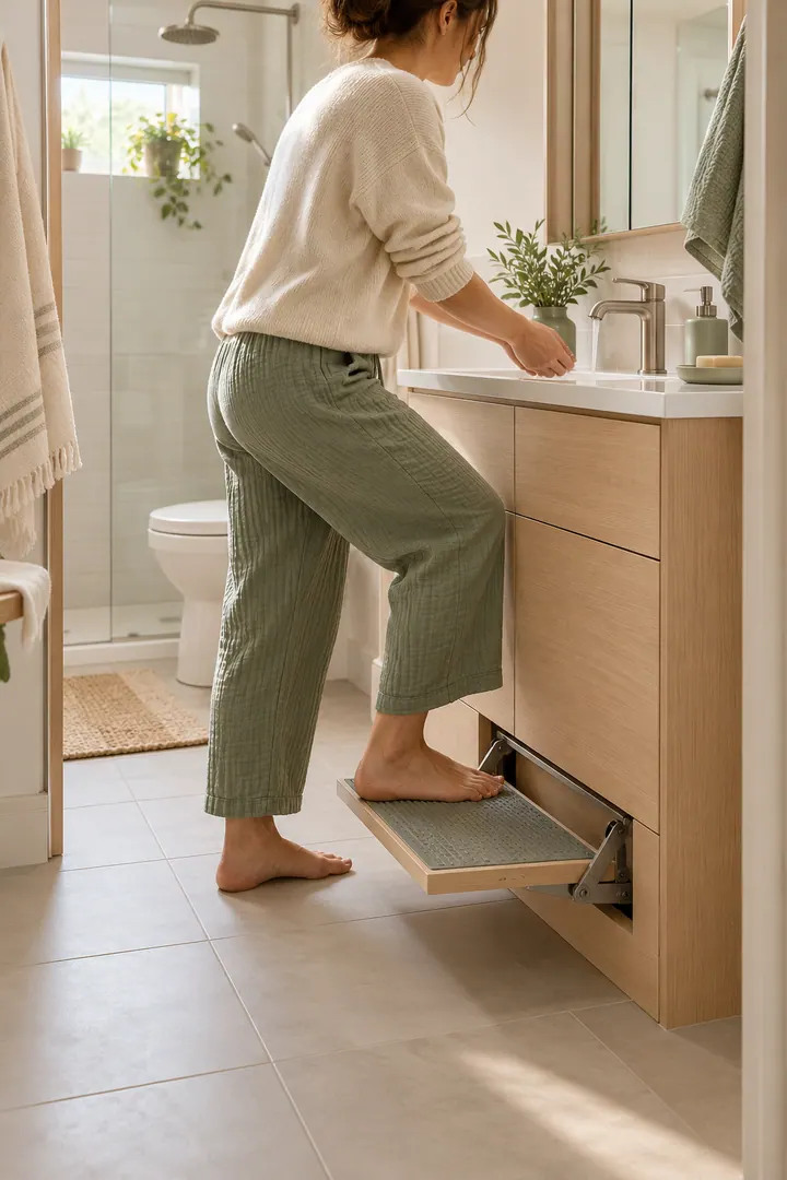 Tiny bathroom with a nonslip footrest folded out from the toe-kick plinth of a compact oak vanity.