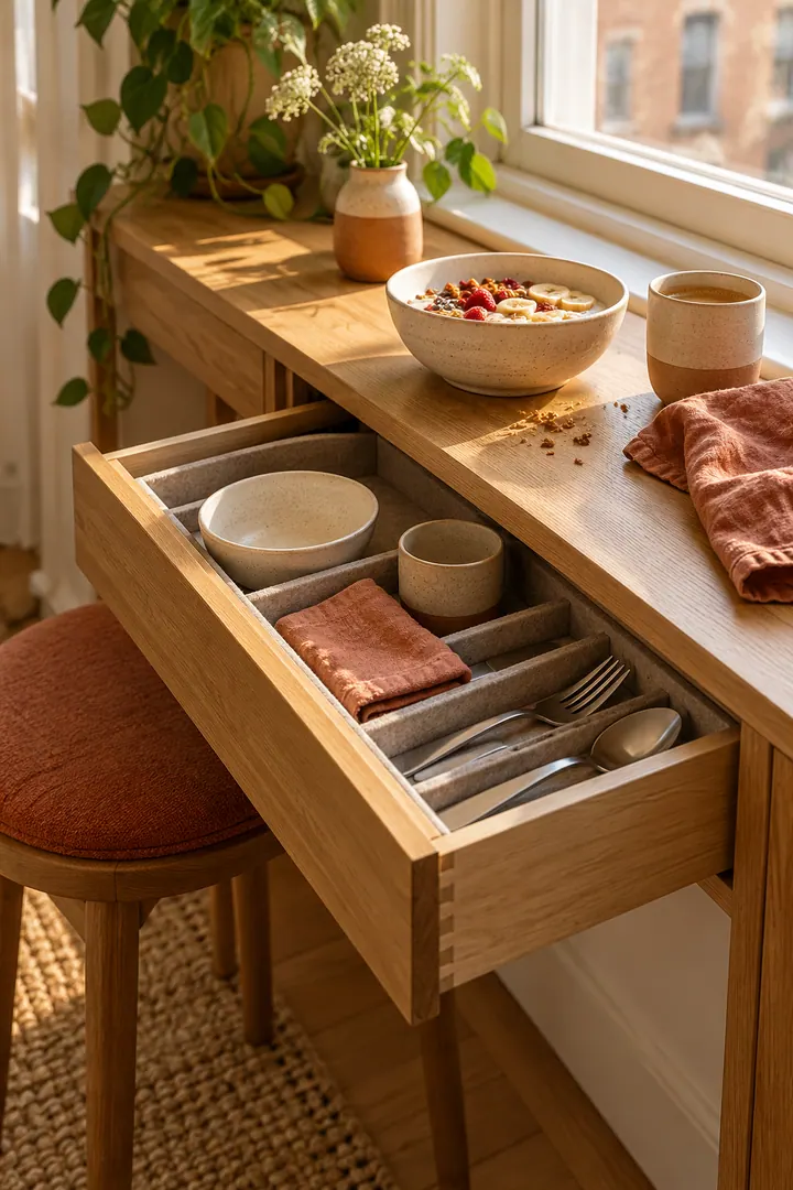 Close-up of an open felt-lined console drawer holding one breakfast place setting beneath a slim studio window counter.